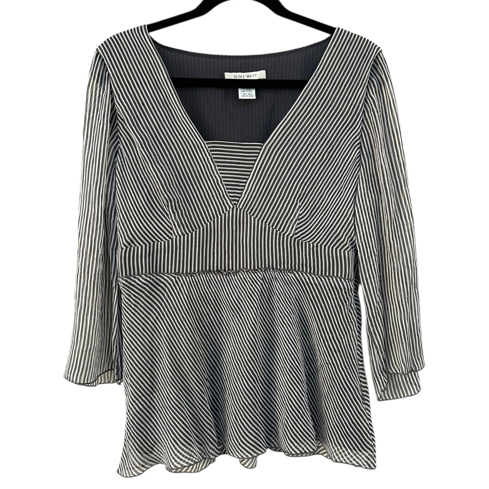 VTG Nine West Y2K Babydoll Womens Sheer‎ Stripe Silk V Neck Blouse Zip Top Sz 8